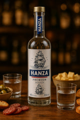 Flasche Hanza Hooch Vodka auf Holztisch mit zwei Gläsern ohne Eis, Oliven, Käsewürfeln, Brot und Wurstscheiben, warm beleuchtete Barumgebung.