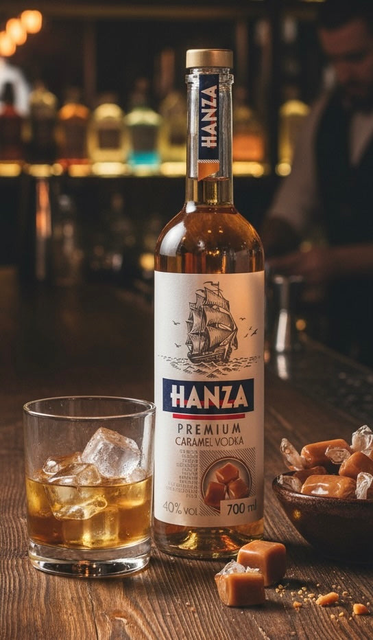Hanza Karamell Wodka in Bar: Flasche, Glas mit Eis, Karamellbonbons auf Holztresen. Bartender im unscharfen Hintergrund.
