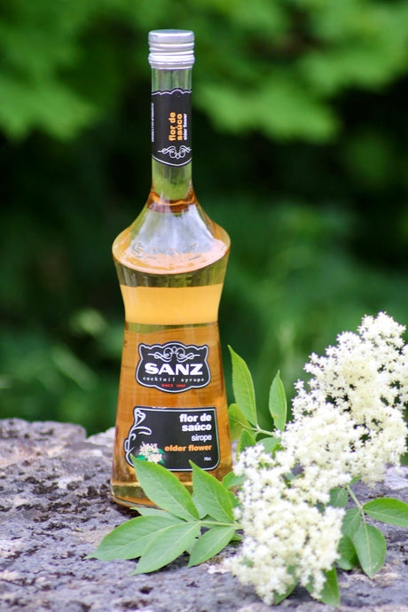 Holunderblütensirup Sanz 0,7L auf Stein mit frischen Holunderblüten, grüner Naturhintergrund.