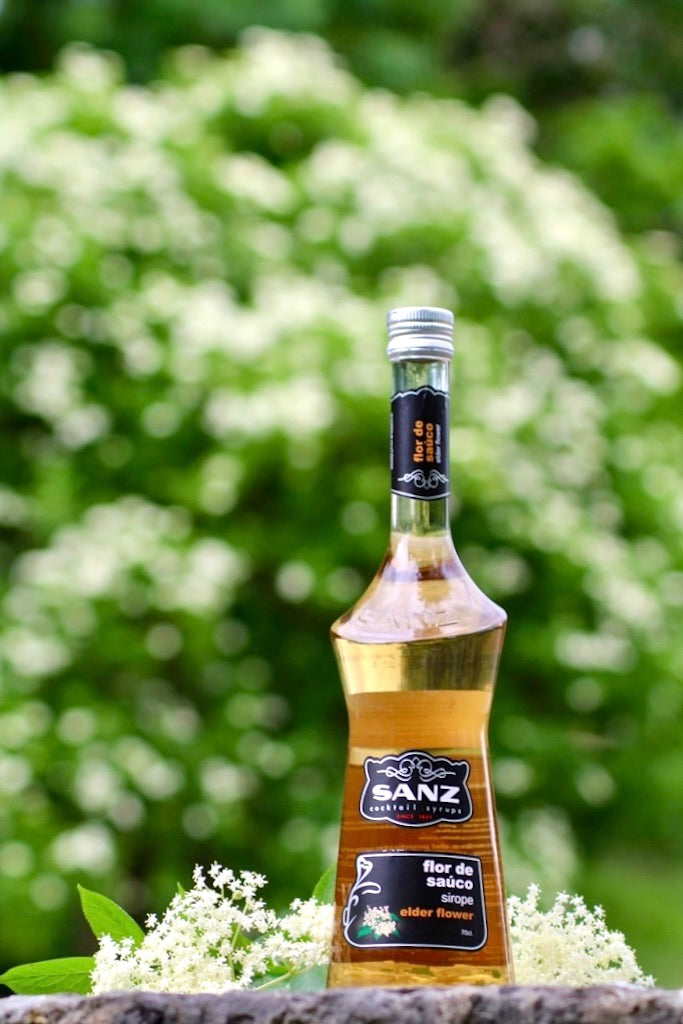 Holunderblütensirup Sanz 0,7L auf Stein mit frischen Holunderblüten, unscharfer grüner Hintergrund mit blühendem Holunder.