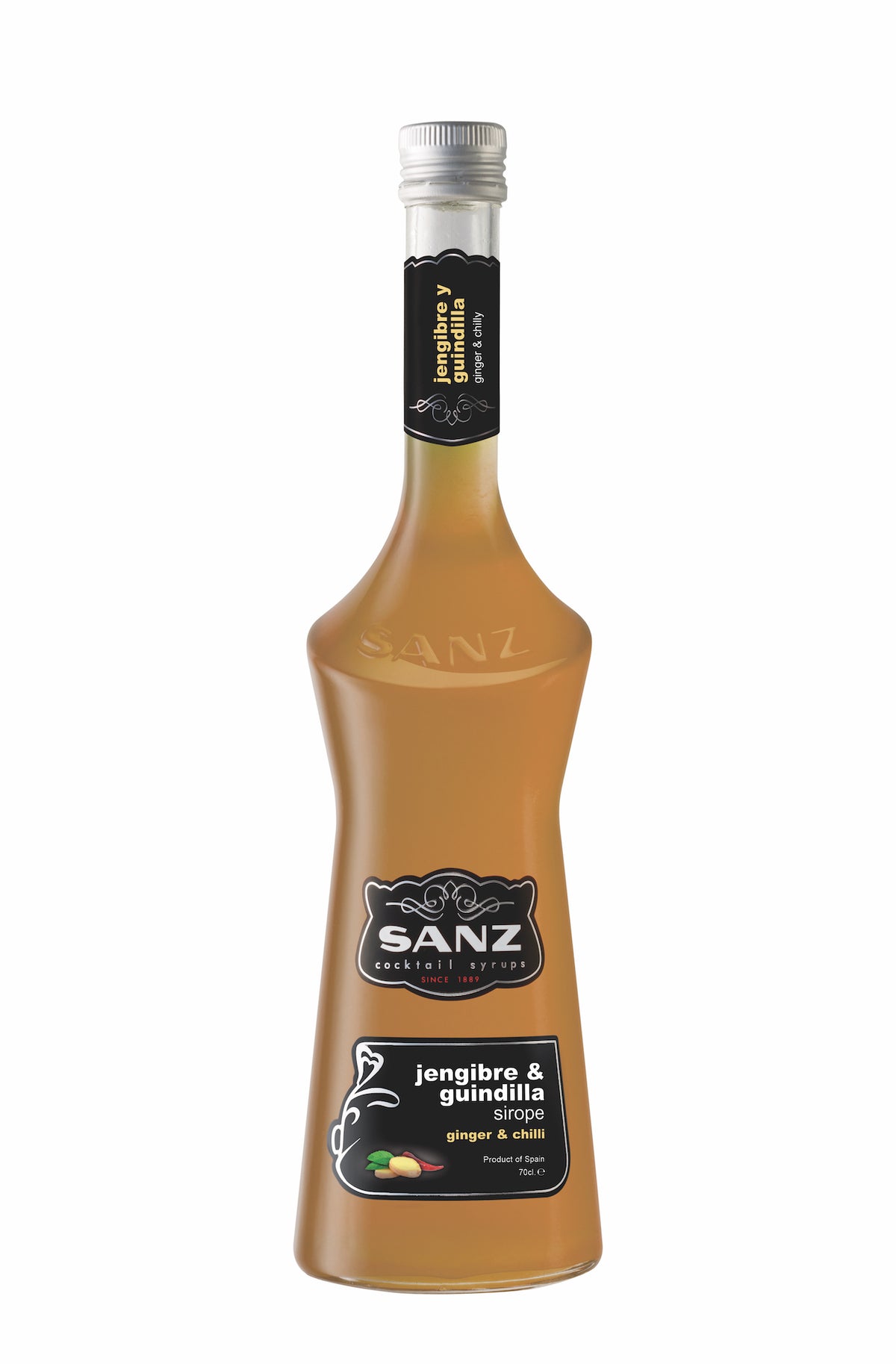 Ingwer & Chili Sirup Sanz 0,7L in Glasflasche mit schwarzem Etikett, aromatische Kombination aus Ingwer und Chili.