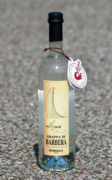 Grappa di Barbera Alkemya von Bordiga mit Anhänger, fotografiert bei Tageslicht, Etikett und Verschluss gut erkennbar.^