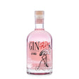 Flasche Ciais Gin Rosa von Bordiga mit rosa Inhalt, Flamingo auf Hochrad und Korkverschluss vor weißem Hintergrund.