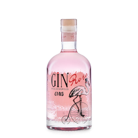 Flasche Ciais Gin Rosa von Bordiga mit rosa Inhalt, Flamingo auf Hochrad und Korkverschluss vor weißem Hintergrund.