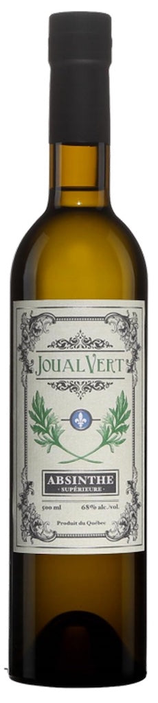 Braune Glasflasche mit schwarzem Verschluss, grüner und silberner Etikette mit „Joual Vert Absinthe Supérieure“.