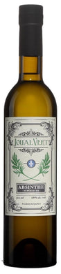 Braune Glasflasche mit schwarzem Verschluss, grüner und silberner Etikette mit „Joual Vert Absinthe Supérieure“.