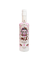 MEX Crema de Café con Tequila Likör Flasche mit Catrina-Motiv, Kaffeebohnen-Illustrationen und weißem Schraubverschluss.
