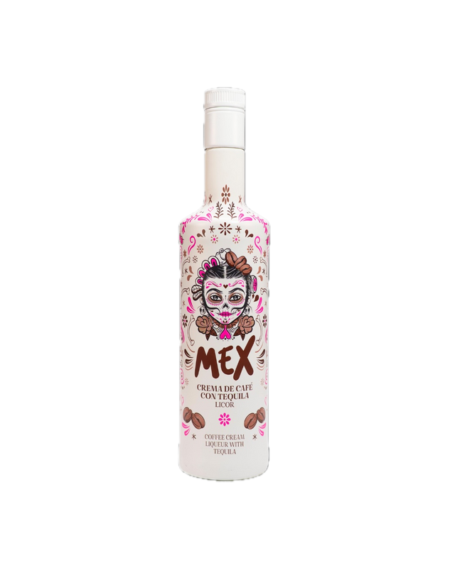 MEX Crema de Café con Tequila Likör Flasche mit Catrina-Motiv, Kaffeebohnen-Illustrationen und weißem Schraubverschluss.