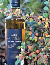 Flasche Las Antillas Ron Añejo Caribeño im Gebüsch mit bunten Herbstblättern, schwarzes Etikett mit goldener Schrift. 