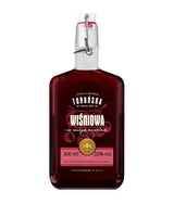 Flasche Toruńska Wiśniowa Kirschlikör aus Polen, 500 ml, mit stilvollem Etikett und Bügelverschluss, in kräftigem Rotton.