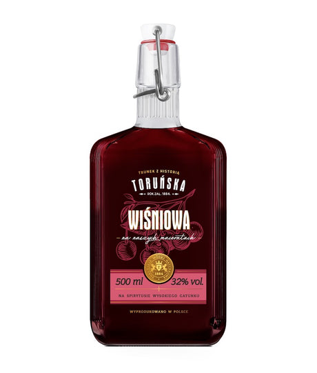 Flasche Toruńska Wiśniowa Kirschlikör aus Polen, 500 ml, mit stilvollem Etikett und Bügelverschluss, in kräftigem Rotton.