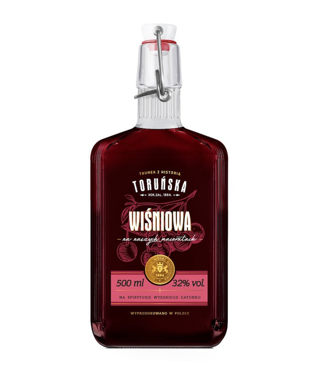 Flasche Toruńska Wiśniowa Kirschlikör aus Polen, 500 ml, mit stilvollem Etikett und Bügelverschluss, in kräftigem Rotton.
