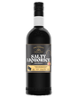 Schwarze Bornholm-Salty-Liquorice-Flasche mit gold-schwarzem Etikett und Schraubverschluss, frontal vor schwarzem Hintergrund.