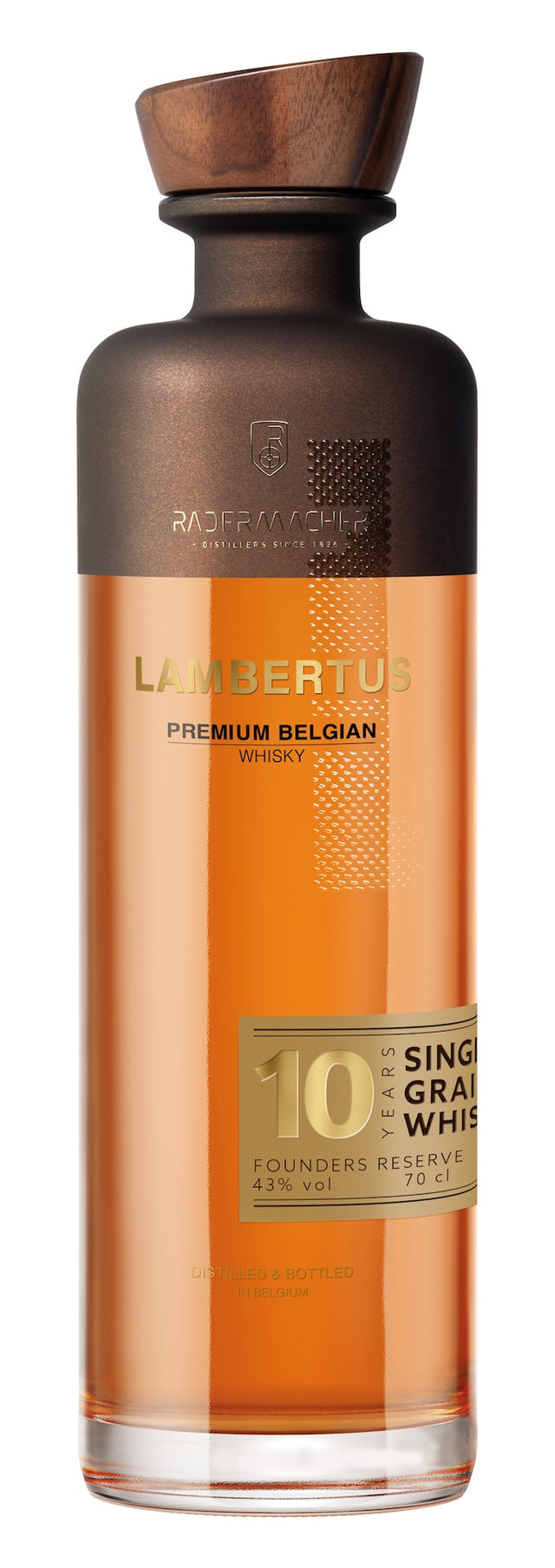 Lambertus 10 Years Founders Edition Whiskyflasche, belgischer Single Grain Whisky in edlem Design mit Holzverschluss.