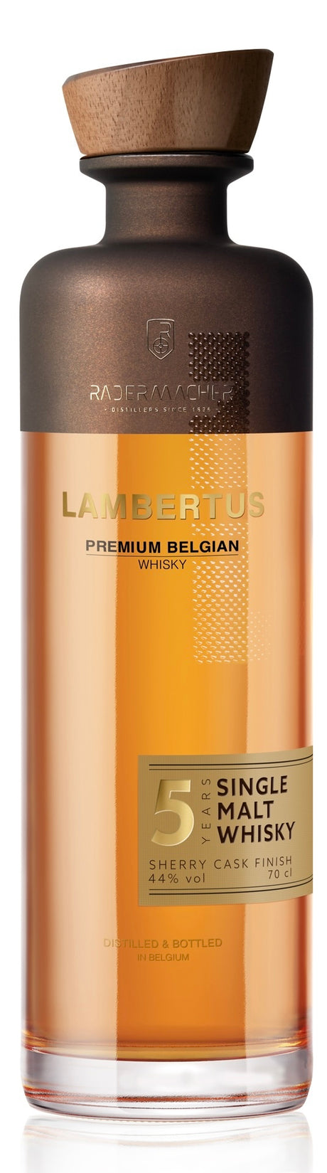 Lambertus 5Y Single Malt Sherry Cask Whisky aus Belgien in bernsteinfarbener Flasche mit Holzverschluss.
