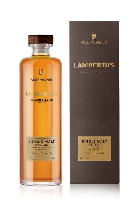 Lambertus 3 Jahre Single Malt Peated Whisky aus Belgien mit Holzverschluss und schwarzer Geschenkverpackung.
