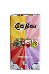 Rückseite der Geschenkbox von Lily Cafetón Kaffeelikör mit Tequila, mit „Cream Heroes“-Logo und farbigen Illustrationen. 