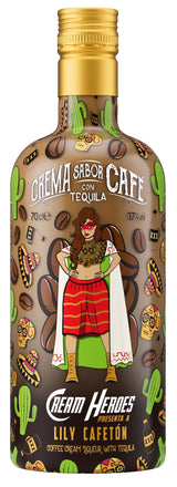 Flasche des Lily Cafetón Tequila Likörs mit Kaffee und Sahne, mexikanisches Design mit Kaffeebohnen, Kakteen und Wrestlerin.