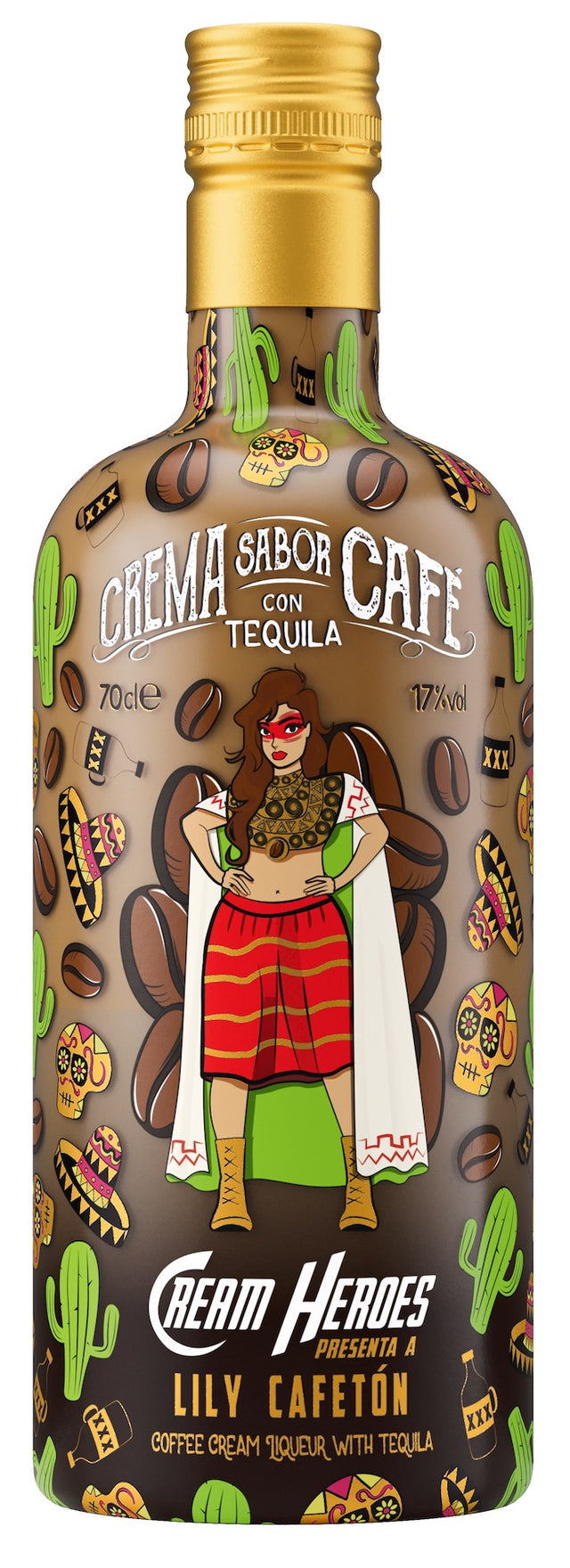 Flasche des Lily Cafetón Tequila Likörs mit Kaffee und Sahne, mexikanisches Design mit Kaffeebohnen, Kakteen und Wrestlerin.