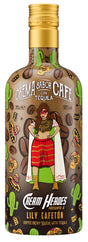 Flasche des Lily Cafetón Tequila Likörs mit Kaffee und Sahne, mexikanisches Design mit Kaffeebohnen, Kakteen und Wrestlerin.