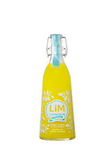 Lim Limoncello Likör in gelber Bügelflasche mit türkisfarbenem Etikett auf weißem Hintergrund