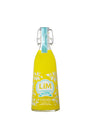 Lim Limoncello Likör in gelber Bügelflasche mit türkisfarbenem Etikett auf weißem Hintergrund