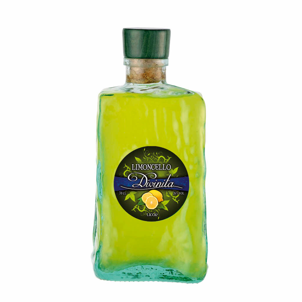 Limoncello Divinita Frasca in viereckiger Karaffenflasche mit grünem Verschluss und rundem Zitronenetikett