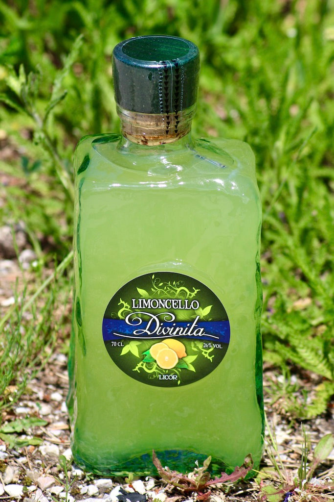 Limoncello Divinita Frasca Flasche im Gras mit grünem Verschluss und rundem Etikett