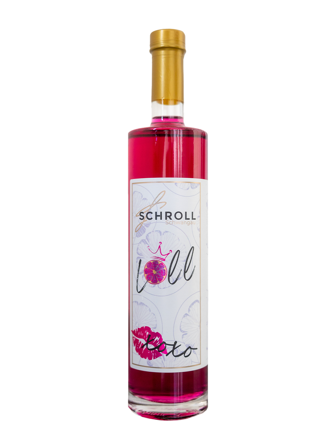 Pinker Loll Aperitif Likör in klarer Flasche. Weißes Etikett mit 'SCHROLL', 'loll'-Logo (Zitrus/Krone, Lippen). Goldener Verschluss.