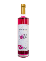 Pinker Loll Aperitif Likör in klarer Flasche. Weißes Etikett mit 'SCHROLL', 'loll'-Logo (Zitrus/Krone, Lippen). Goldener Verschluss.
