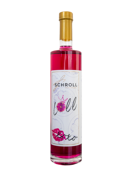 Pinker Loll Aperitif Likör in klarer Flasche. Weißes Etikett mit 'SCHROLL', 'loll'-Logo (Zitrus/Krone, Lippen). Goldener Verschluss.