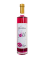Pinker Loll Aperitif Likör in klarer Flasche. Weißes Etikett mit 'SCHROLL', 'loll'-Logo (Zitrus/Krone, Lippen). Goldener Verschluss.