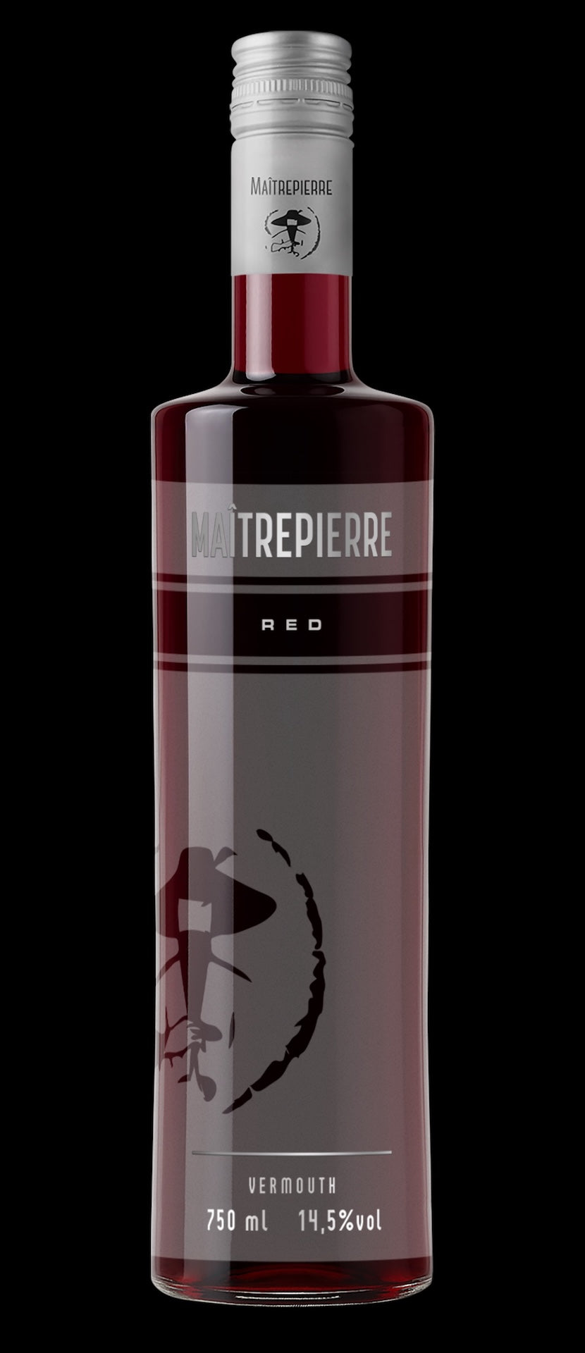 Flasche Maîtrepierre Rouge Wermut von Radermacher, rubinrot, mit silbernem Schraubverschluss und stilisiertem Gesicht.