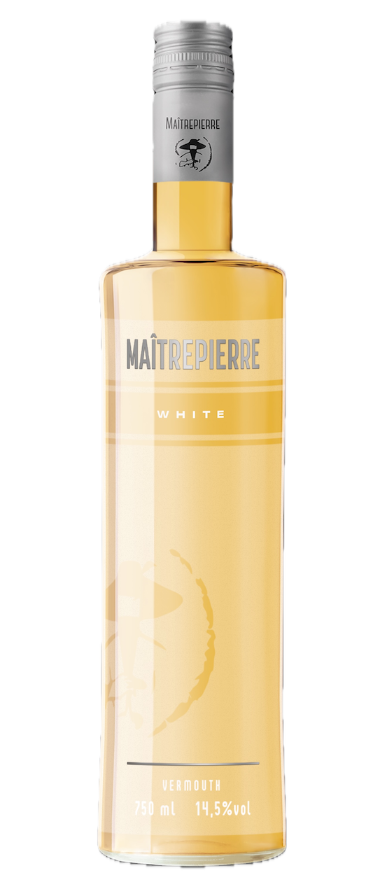 Maîtrepierre White Wermut 750 ml – gelber Aperitif in klarer Flasche mit silbernem Schraubverschluss