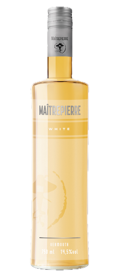 Maîtrepierre White Wermut 750 ml – gelber Aperitif in klarer Flasche mit silbernem Schraubverschluss