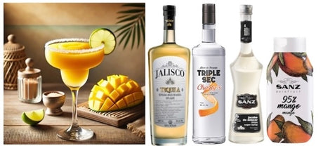 Mango Margarita Cocktail im Glas mit Limettenscheibe, Mango und Zutaten: Tequila, Triple Sec, Zuckersirup, Mango Püree