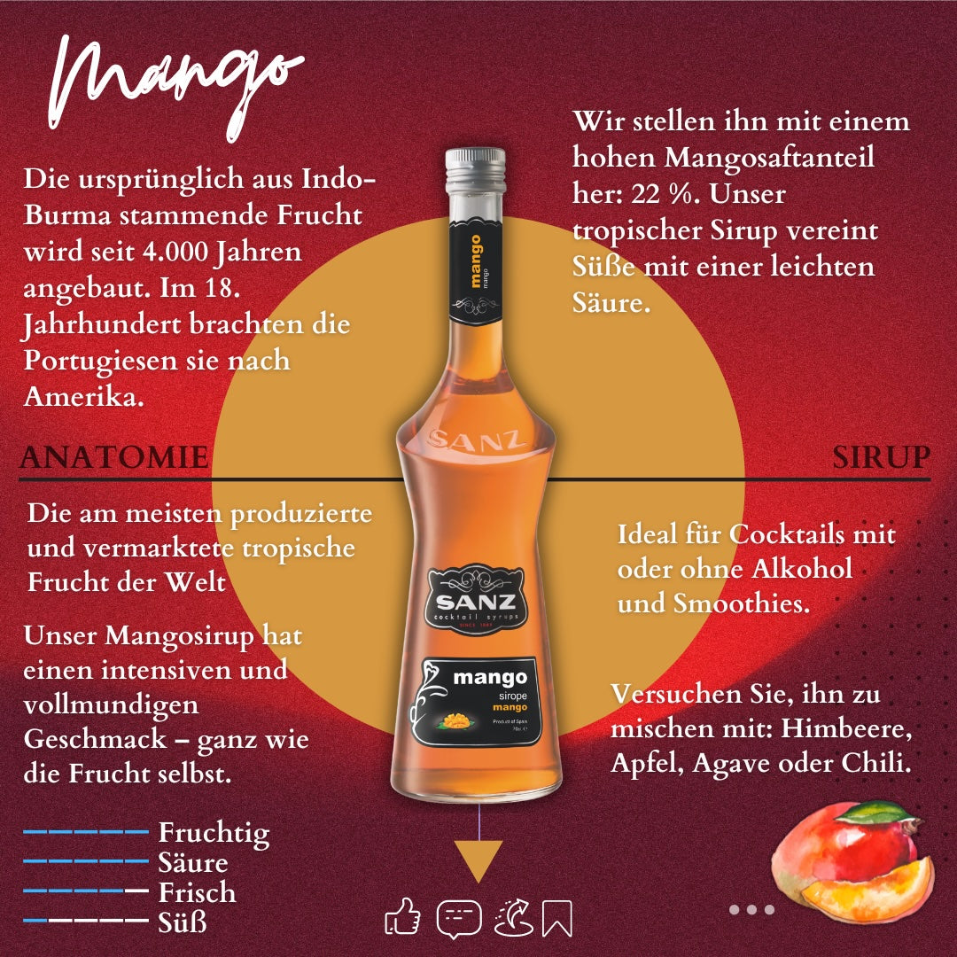 Flasche Sanz Mango Sirup mit Mangomotiv auf rotem Hintergrund, Beschreibung auf Deutsch rund um die Flasche.