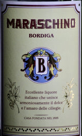 Etikett der Maraschino Likörflasche von Bordiga mit Wappen und italienischem Beschreibungstext.