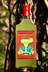 Flasche Ranchitos Margarita Mix, platziert vor einem natürlichen Hintergrund, mit leuchtend rotem Etikett, das eine Margarita und Zitrusfrüchte zeigt.