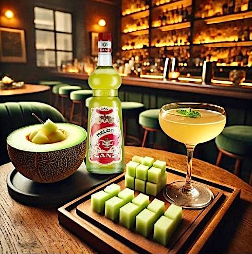 Melonensirup Sanz 1L, Flasche mit rotem Etikett, daneben Melonenwürfel und Cocktailglas in Bar-Atmosphäre.
