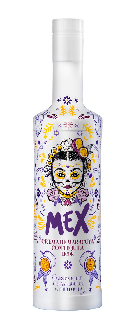 Flasche Mex Maracuja-Tequila Sahnelikör, weißes Design mit kunstvoll verziertem Gesicht, violetten und gelben Verzierungen, 700 ml.