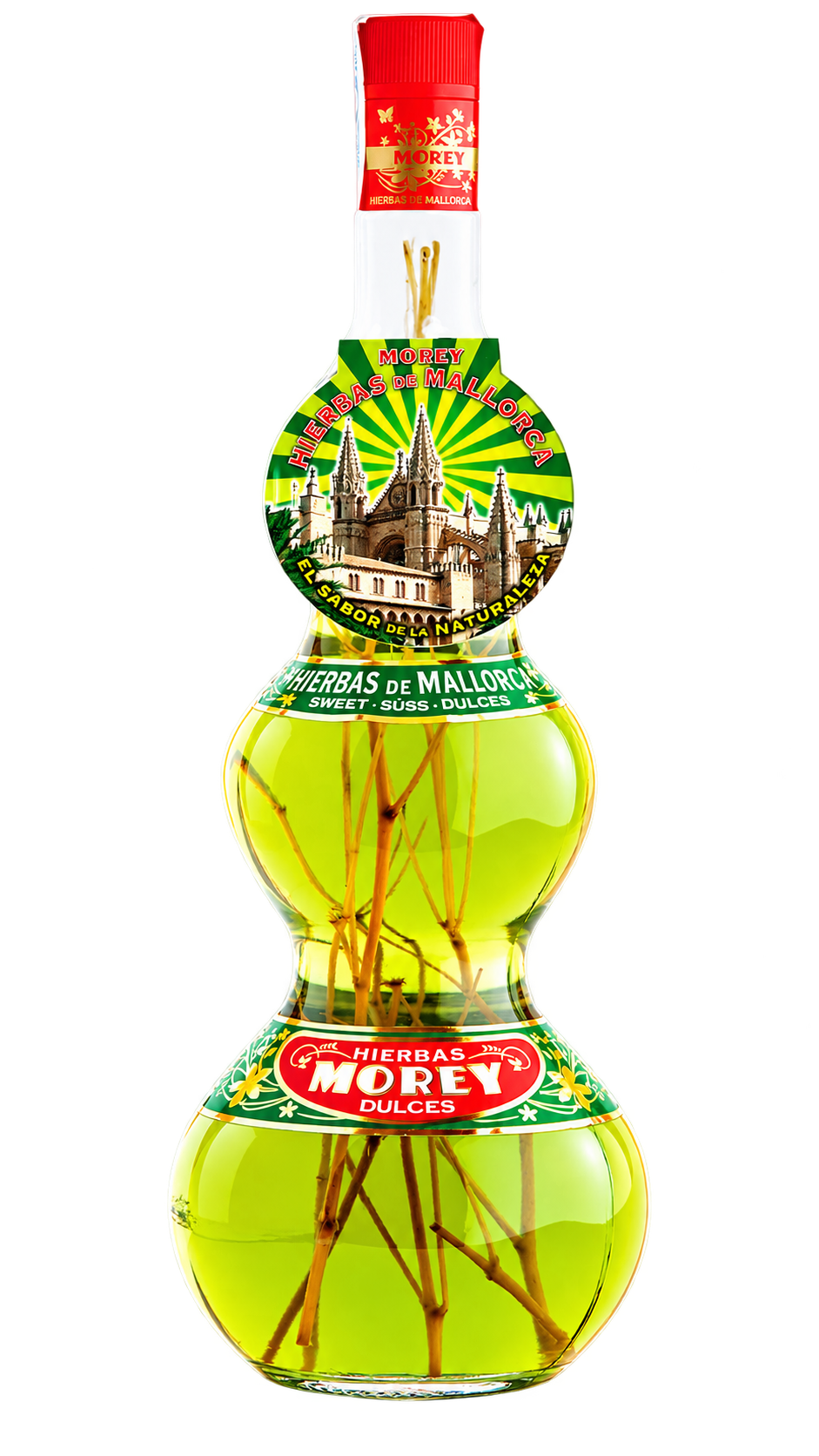 Morey Hierbas de Mallorca Dulces Kräuterlikör mit Kräuterzweigen in der Flasche und historischem Mallorca Motiv.