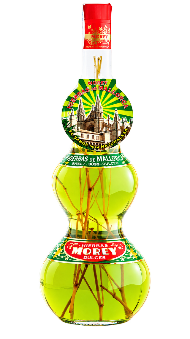 Morey Hierbas de Mallorca Dulces Kräuterlikör mit Kräuterzweigen in der Flasche und historischem Mallorca Motiv.