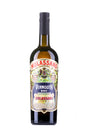 Flasche Vermouth Bianco Mulassano mit kunstvollem Etikett in Rot, Gold und Grün, schwarzem Schraubverschluss, vor weißem Hintergrund.