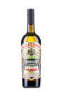 Flasche Mulassano Vermouth Extra Dry, Vorderansicht, mit detailreichem Etikett in grün, schwarz und rot auf weißem Hintergrund.