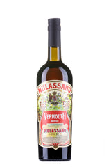 Mulassano Vermouth Rosso, braune Glasflasche mit rotem Hauptetikett und dekorativen Wappen.