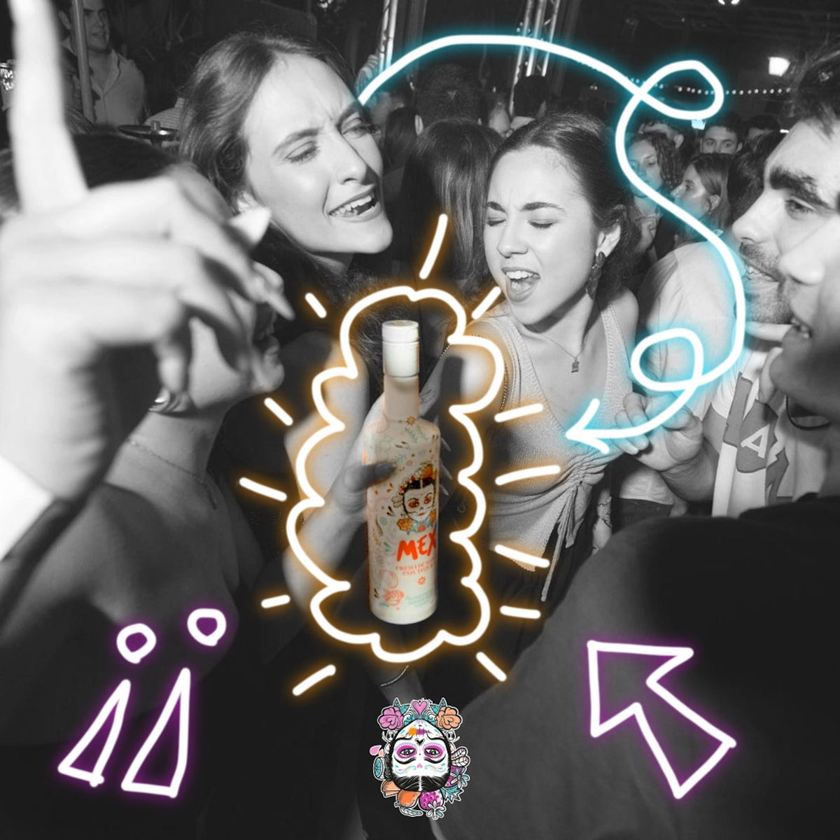 Schwarz-weiß Party-Szene mit feiernden Menschen, farbige Grafikelemente und eine Flasche Mex Mango-Tequila Likör im Mittelpunkt.