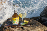 Nerses Dry Gin Flasche neben Gin-Tonic-Glas mit Zitronenscheibe und Rosmarin auf Felsen am Meer mit spritzenden Wellen