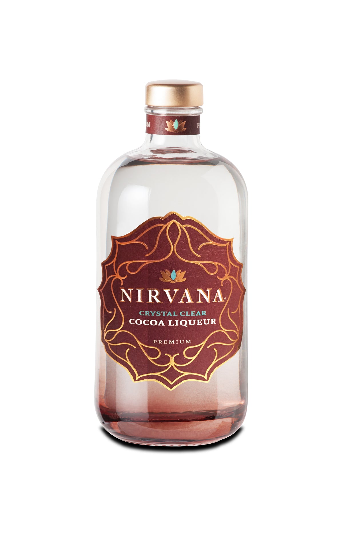 Nirvana Crystal Clear Kakaolikör in transparenter Glasflasche mit goldfarbenem Verschluss und braunem Etikett