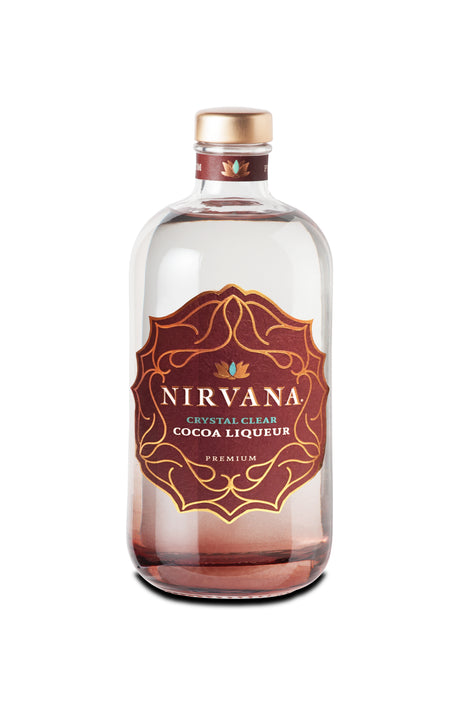 Nirvana Crystal Clear Kakaolikör in transparenter Glasflasche mit goldfarbenem Verschluss und braunem Etikett